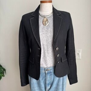 Fitted Linen Blazer Black with Contrast White Stitching XS Small